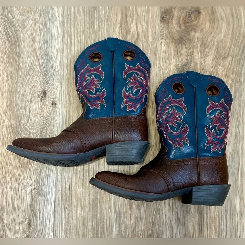 2520JR Childrens Justin Lasso Western Boots Square Toe Brown/Blue Size 4 D